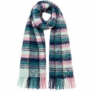 Jacques d'Albry Paris Mohair Scarf Made in France Teal Pink Plaid Fringe 63"